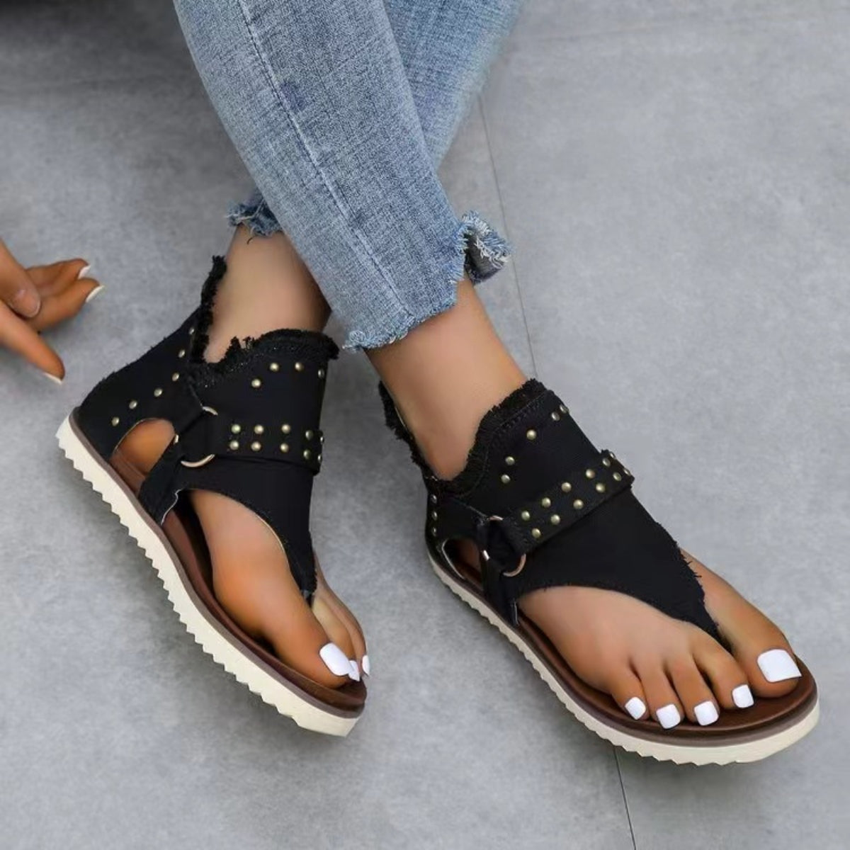 Studded Raw Hem Flat Sandals  Trendsi   