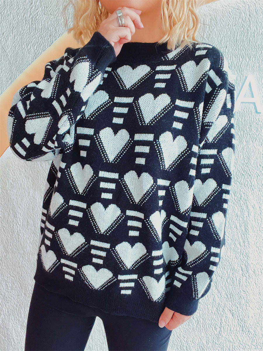 Heart Contrast Long Sleeve Dropped Shoulder Sweater  Trendsi   