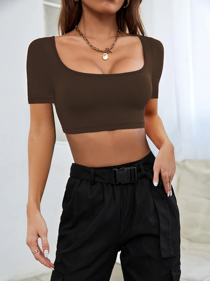 Square Neck Short Sleeve T-Shirt T-Shirt Trendsi Chocolate XS 