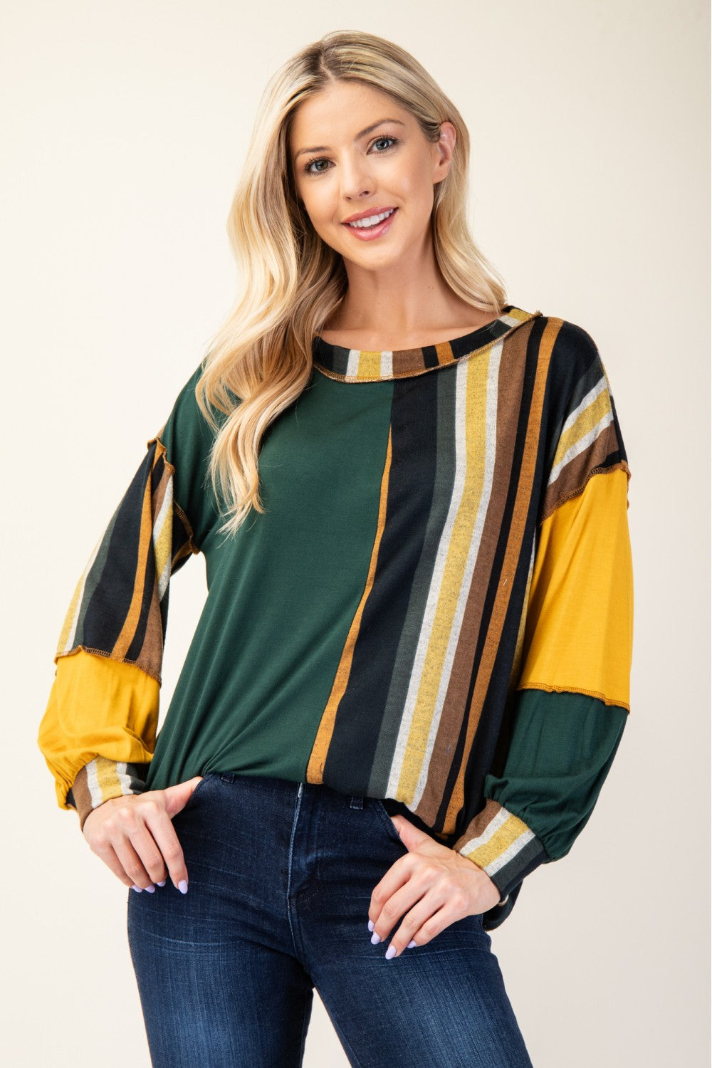 Celeste Full Size Striped Color Block Exposed Seam T-Shirt  Trendsi Hunter Green Stripe S 