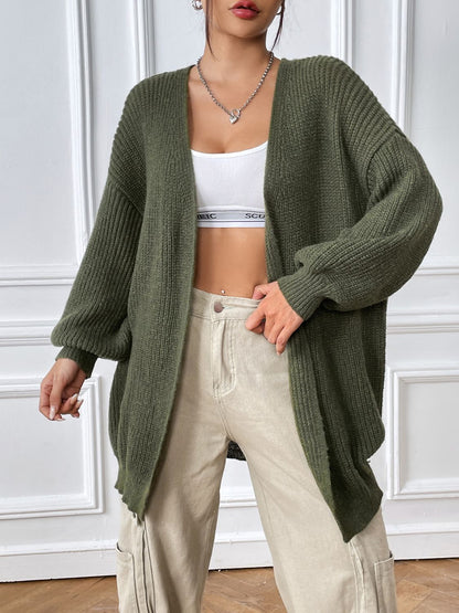 Open Front Long Sleeve Cardigan  Trendsi Army Green S 