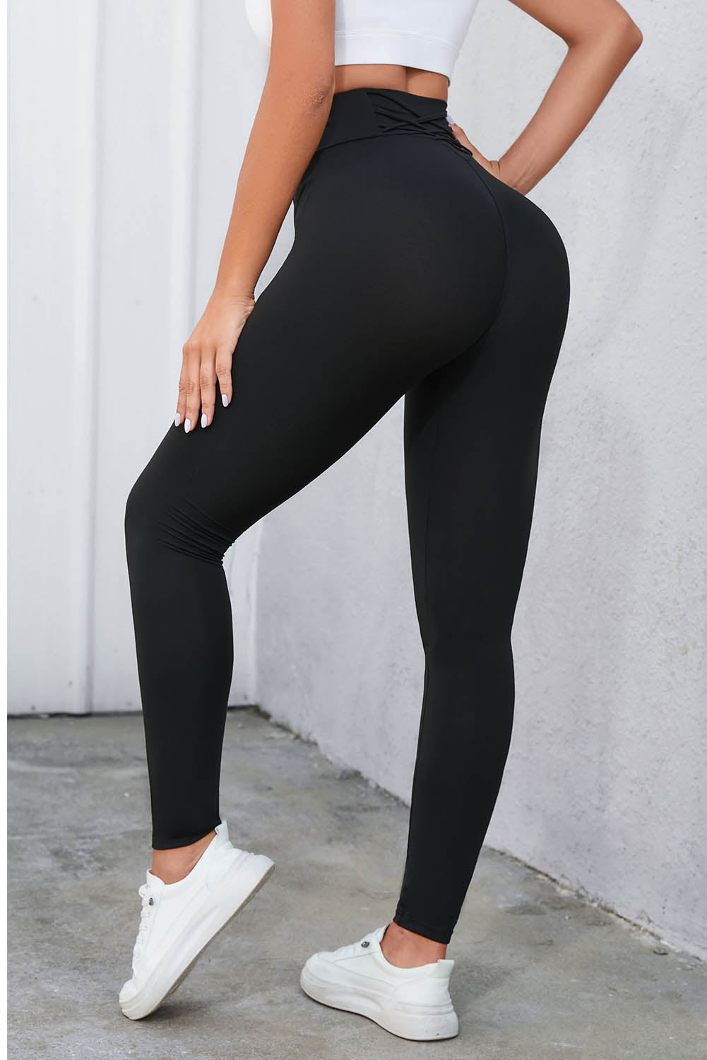 Crisscross Detail Wide Waistband Leggings  Trendsi Black S 