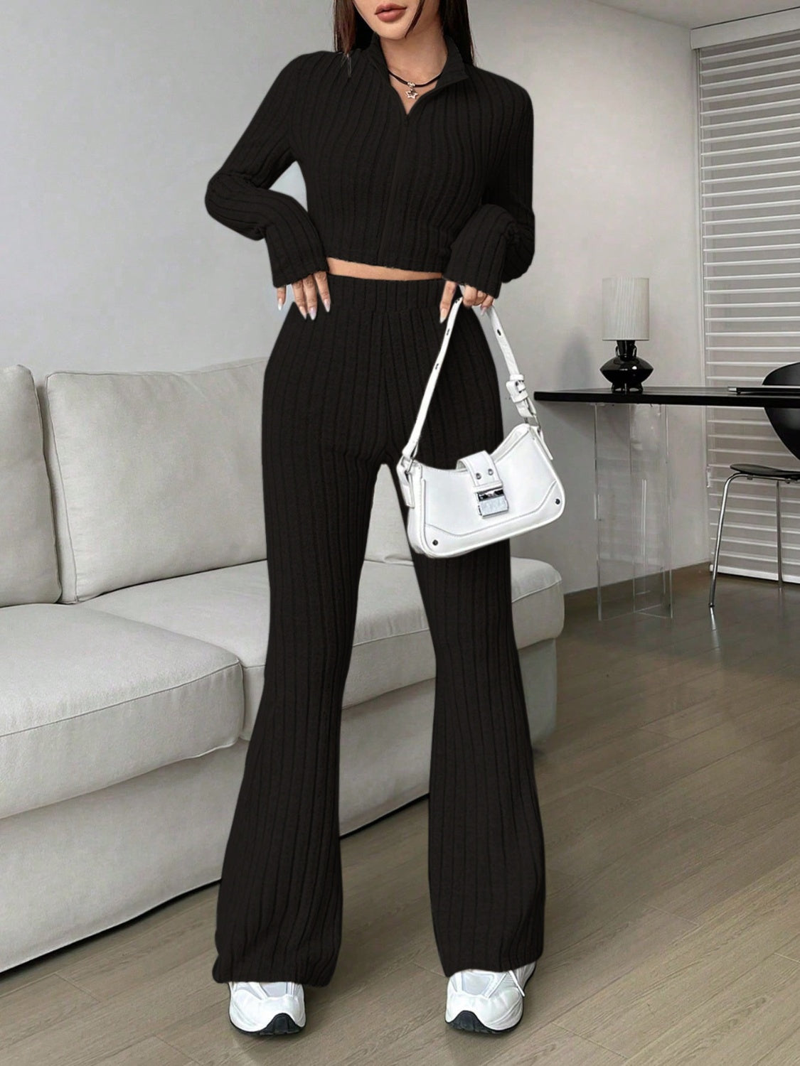 Honey Zip Up Long Sleeve Top and Pants Set  Trendsi   