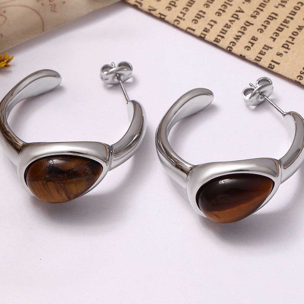 Stainless Steel Natural Tiger's Eye C-Hoop Earrings  Trendsi   