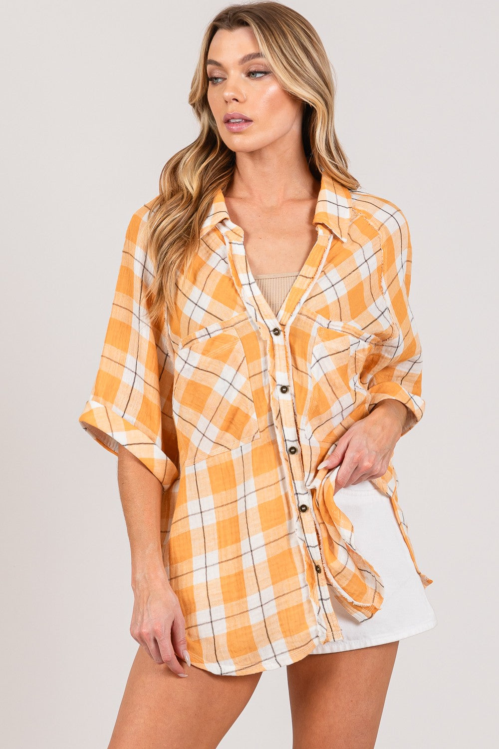 SAGE + FIG Plaid Button Up Side Slit Shirt  Trendsi   