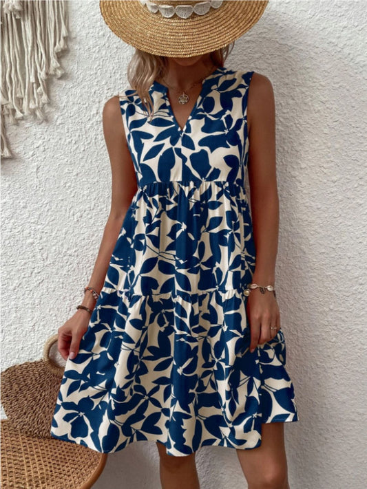 Printed Notched Sleeveless Mini Dress Dress Trendsi Dark Blue S 