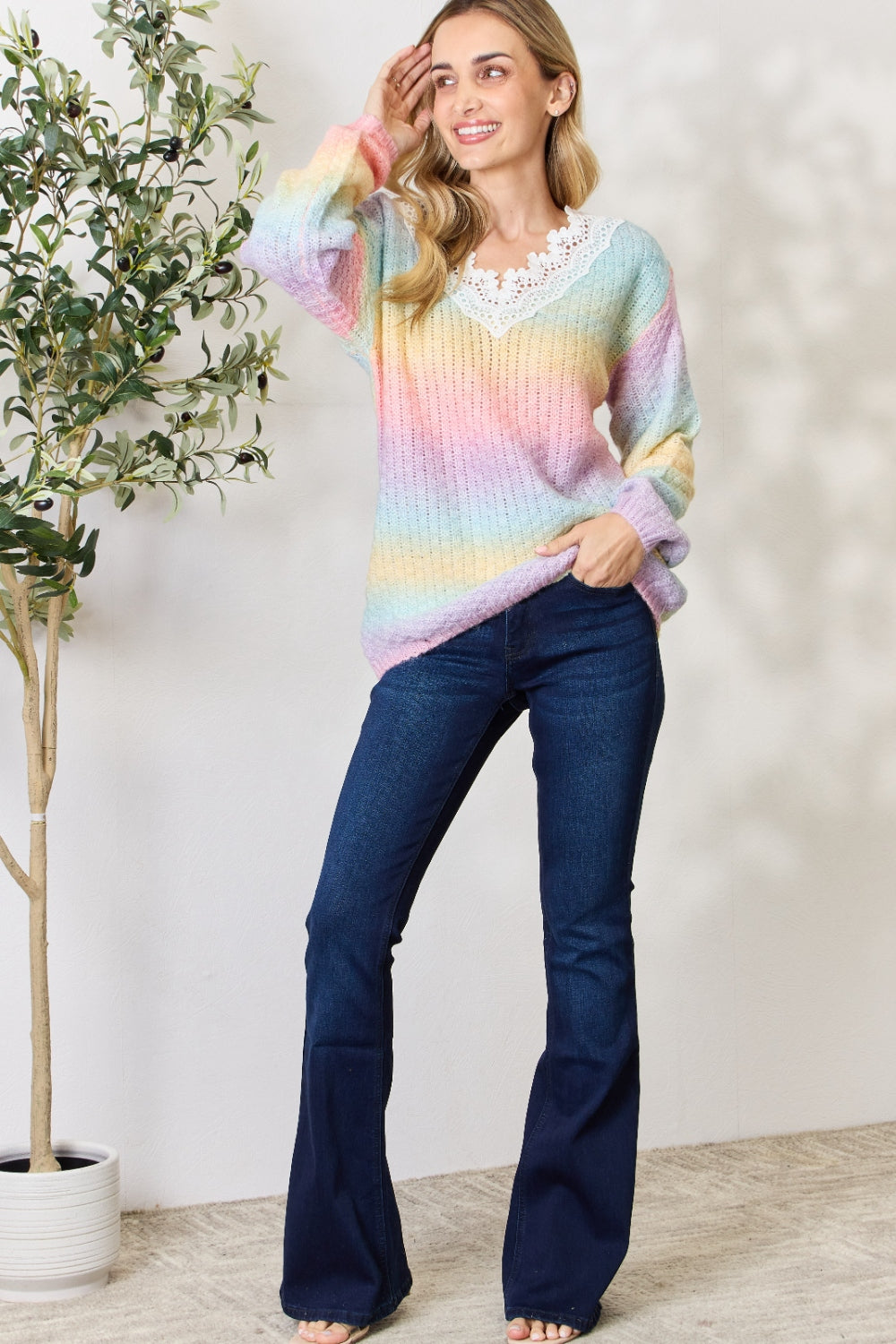 BiBi Rainbow Gradient Crochet Deetail Sweater  Trendsi   