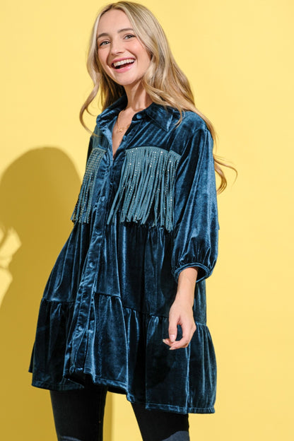 And The Why Fringe Detailed Velvet Shirt Dress Luxe Trendsi   