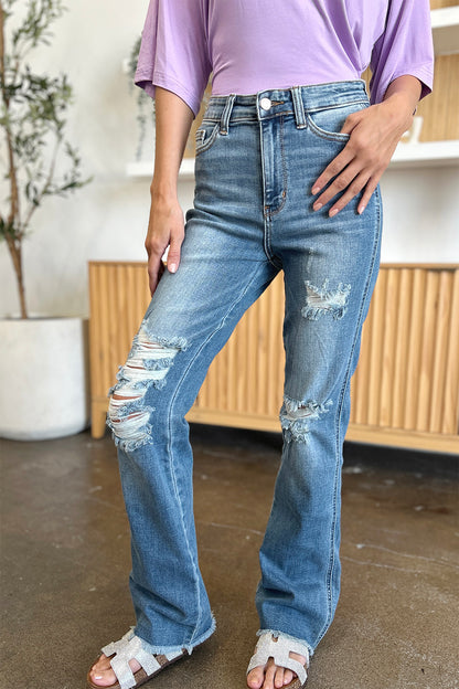 Judy Blue Full Size Distressed Raw Hem Bootcut Jeans  Trendsi   