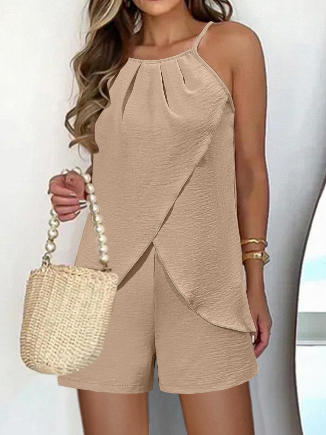 Spaghetti Strap Top and Shorts Set  Trendsi Tan S 