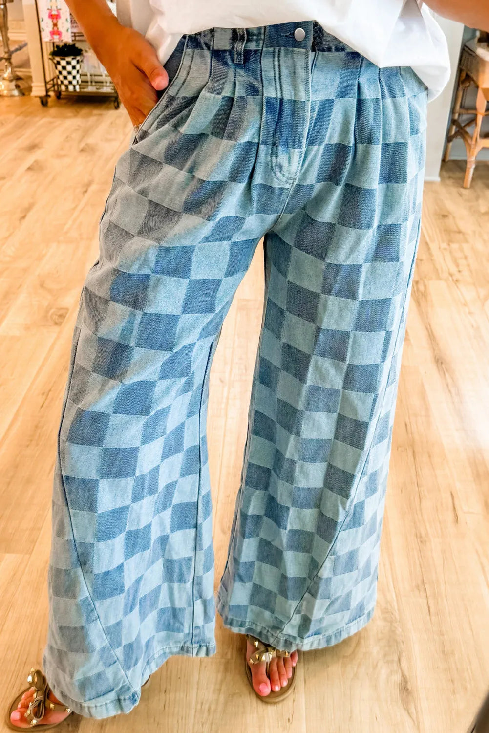 Checkered Wide Leg Jeans with Pockets  Trendsi Dusty Blue 4 