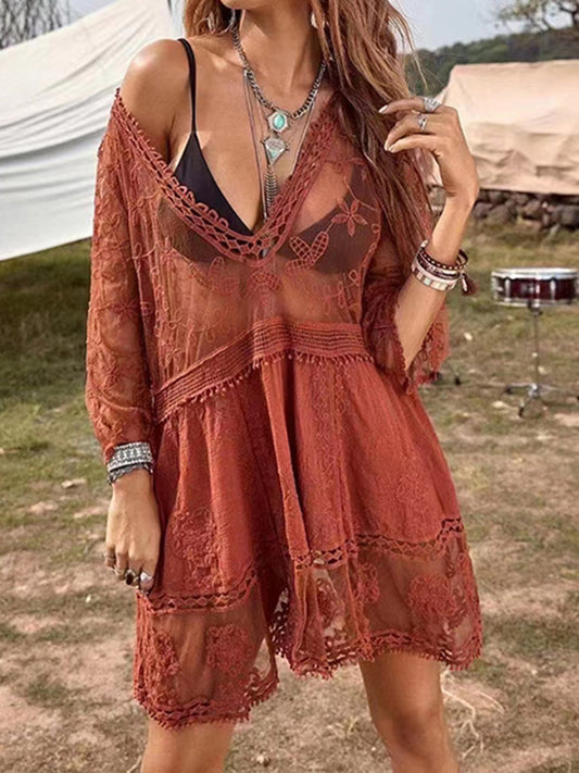 Lace Detail Plunge Cover-Up Dress  Trendsi Rust One Size 