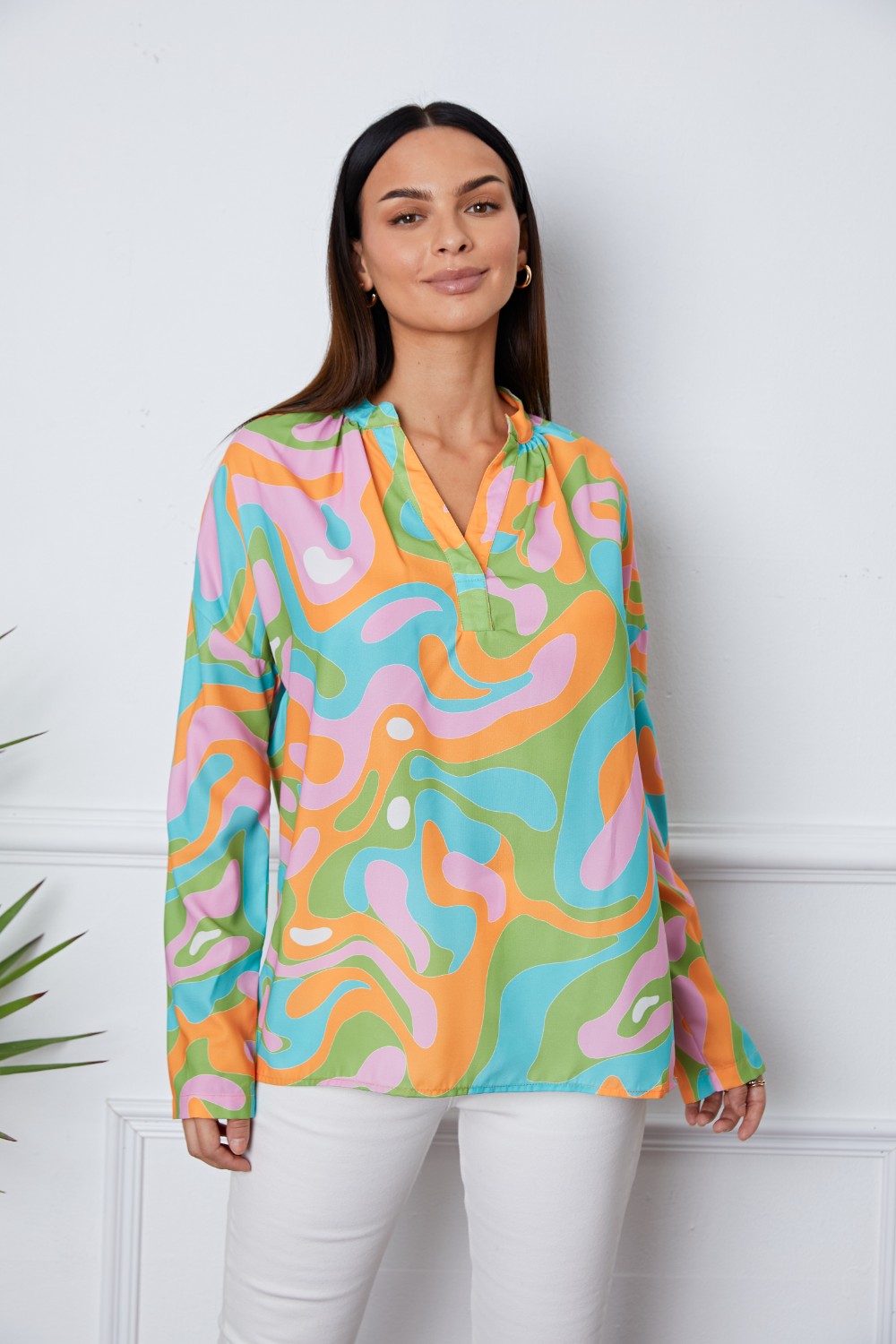 Printed Notched Long Sleeve Blouse Blouse Trendsi Multicolor S 