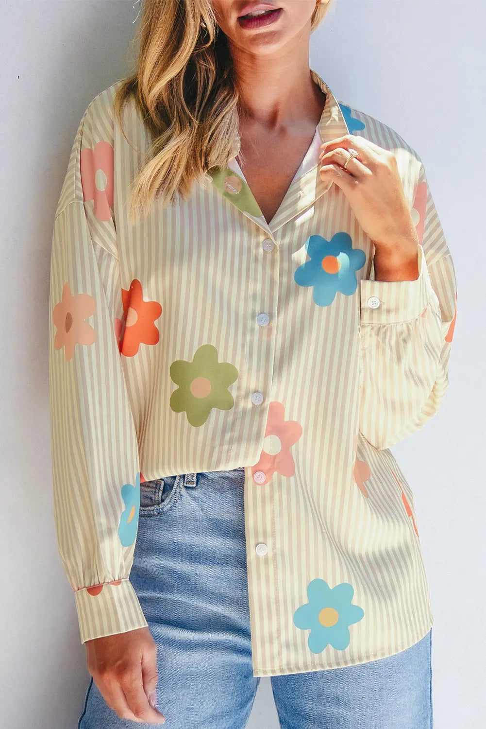 Striped Flower Button Up Long Sleeve Shirt Blouse Trendsi Tan S 