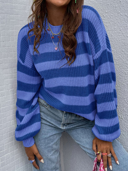 Honey Striped Round Neck Long Sleeve Sweater