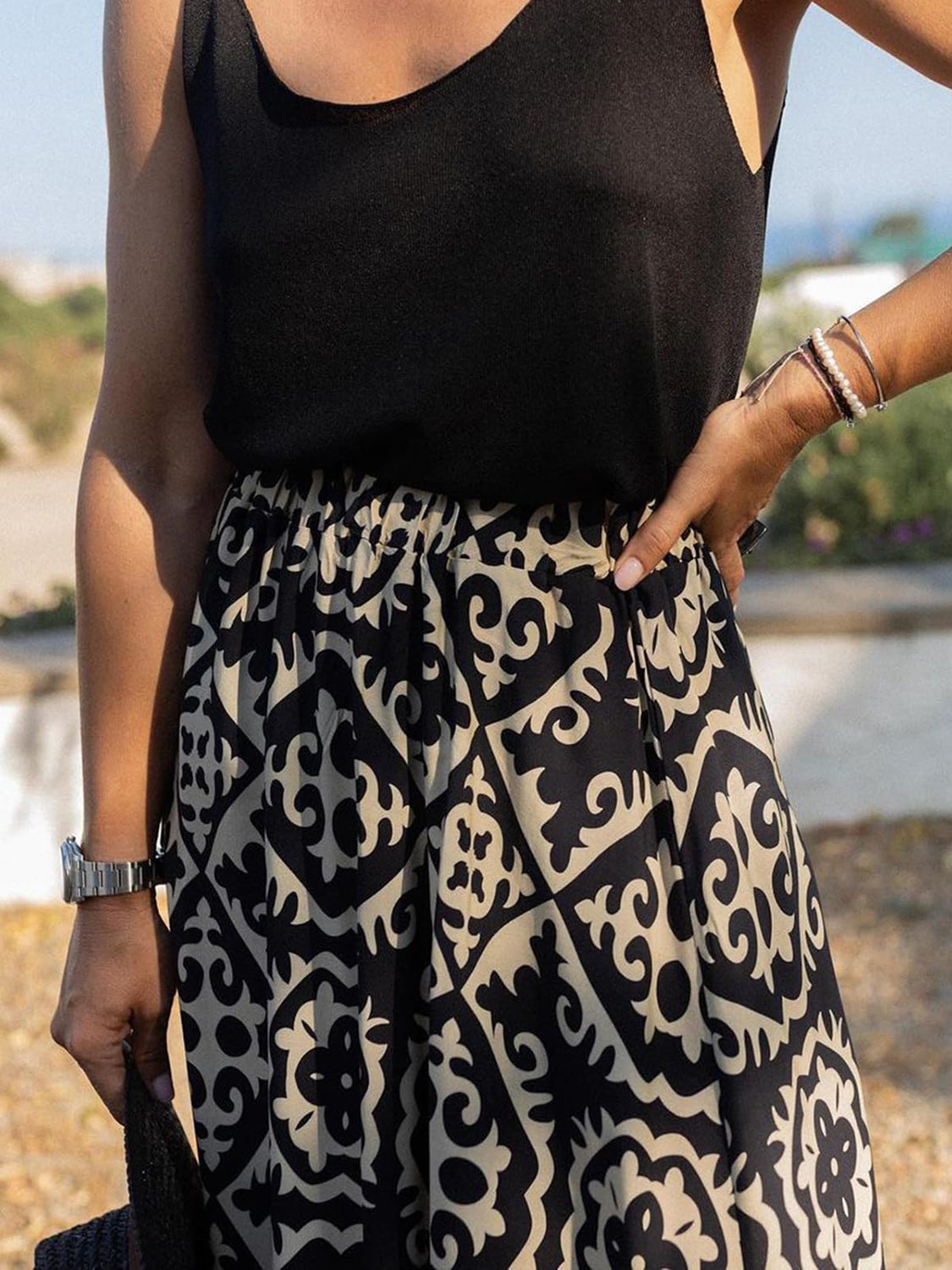 Geometric Elastic Waist Maxi Skirt  Trendsi   