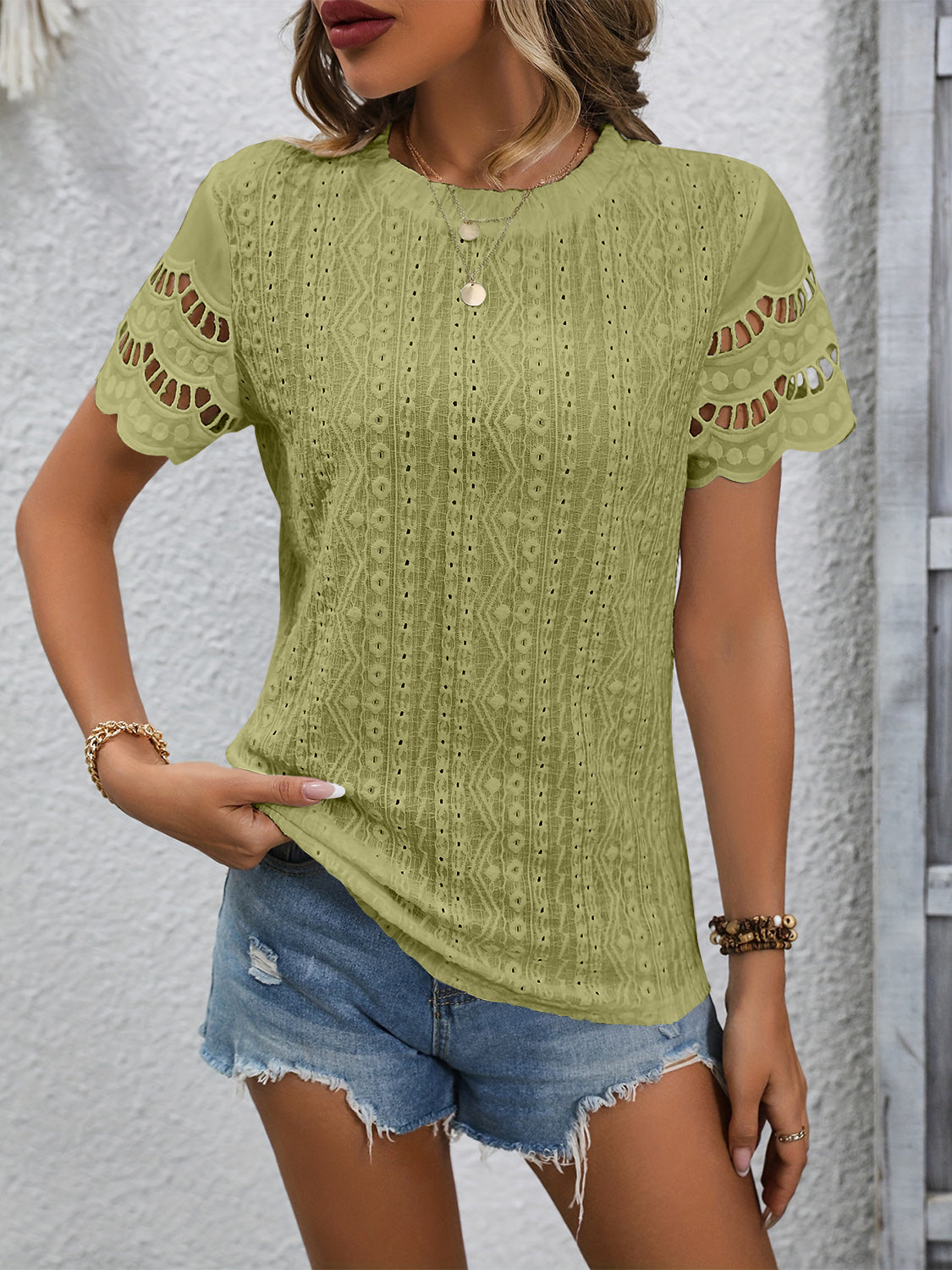 Full Size Eyelet Round Neck Short Sleeve Top Blouse Trendsi   