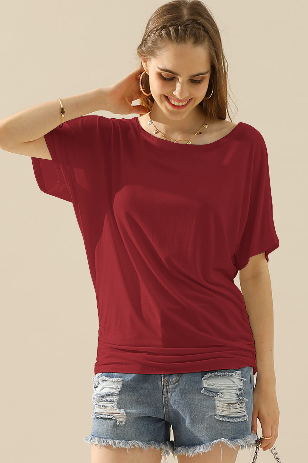 Ninexis Boat Neck Short Sleeve Ruched Side Top Blouse Trendsi BURGUNDY S 