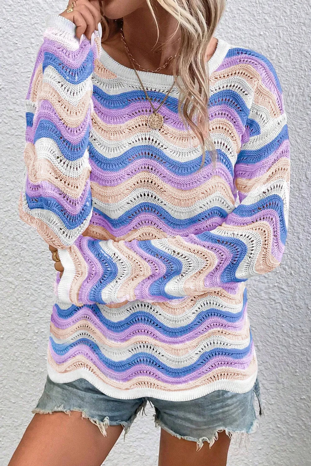 Contrast Wave Stripe Long Sleeve Sweater  Trendsi   