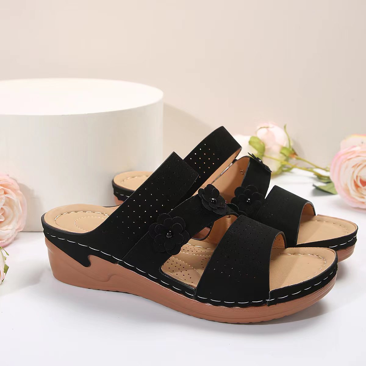 Flower PU Leather Wedge Sandals  Trendsi   