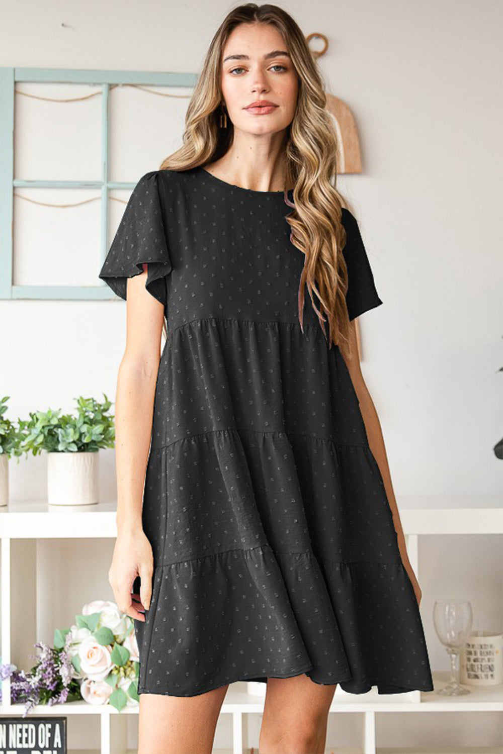 Heimish Swiss Dot Short Sleeve Tiered Dress  Trendsi Black S 