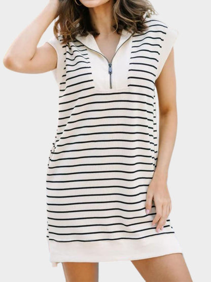 Full Size Pocketed Striped Quarter Zip Cap Sleeve Dress