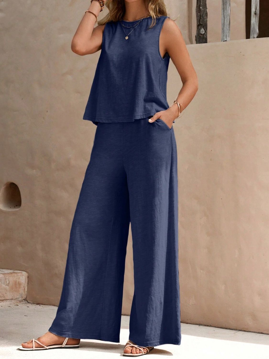 Round Neck Sleeveless Top and Wide Leg Pants Set  Trendsi Dusty Blue S 