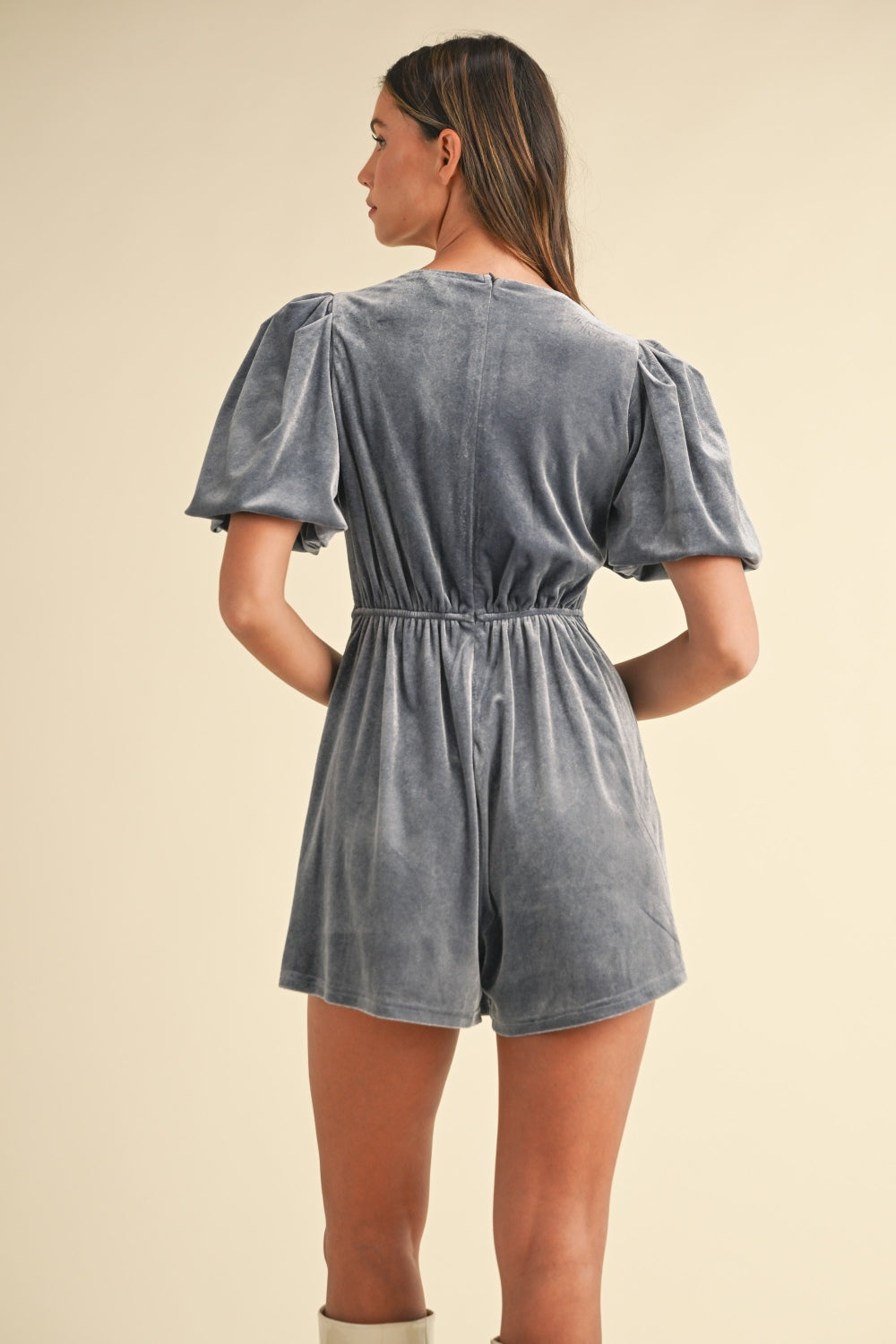 Mable Jewel Bow Decor Puff Sleeve Velvet Romper  Trendsi   