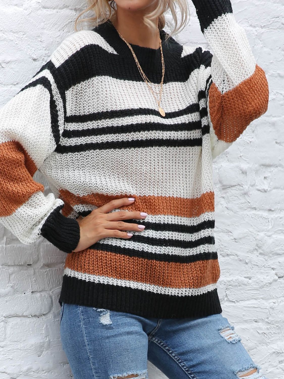 Contrast Striped Round Neck Long Sleeve Sweater  Trendsi   