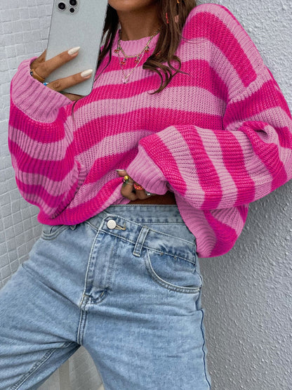 Honey Striped Round Neck Long Sleeve Sweater