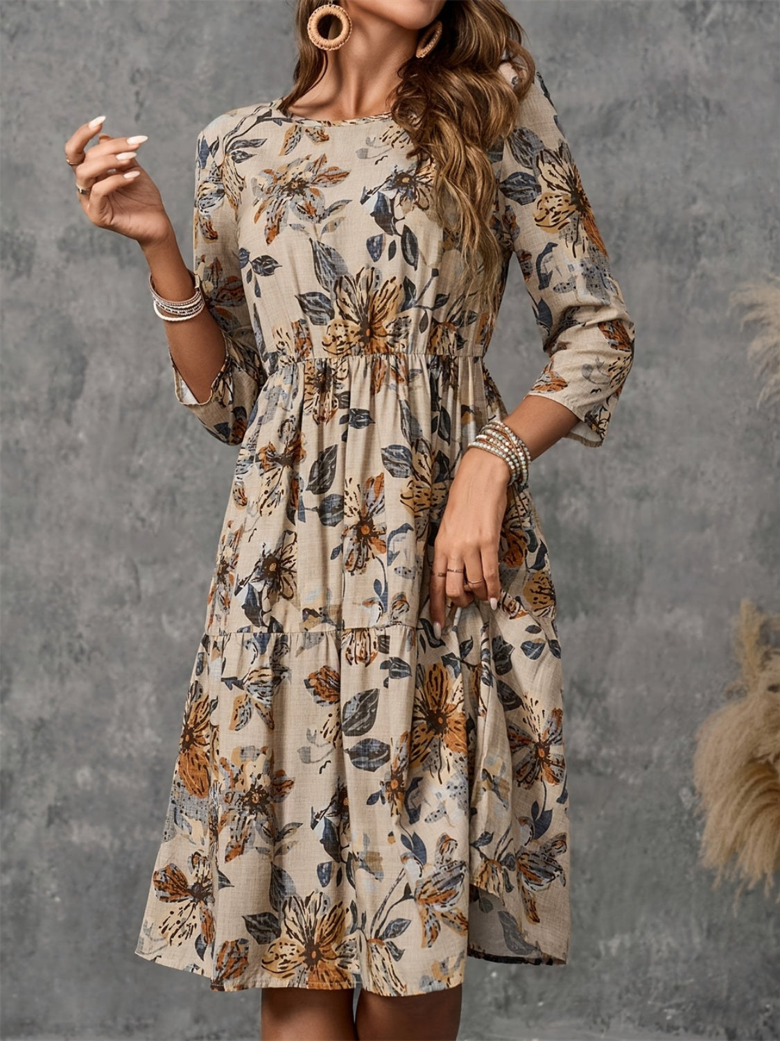 Printed Round Neck Three-Quarter Sleeve Dress  Trendsi   