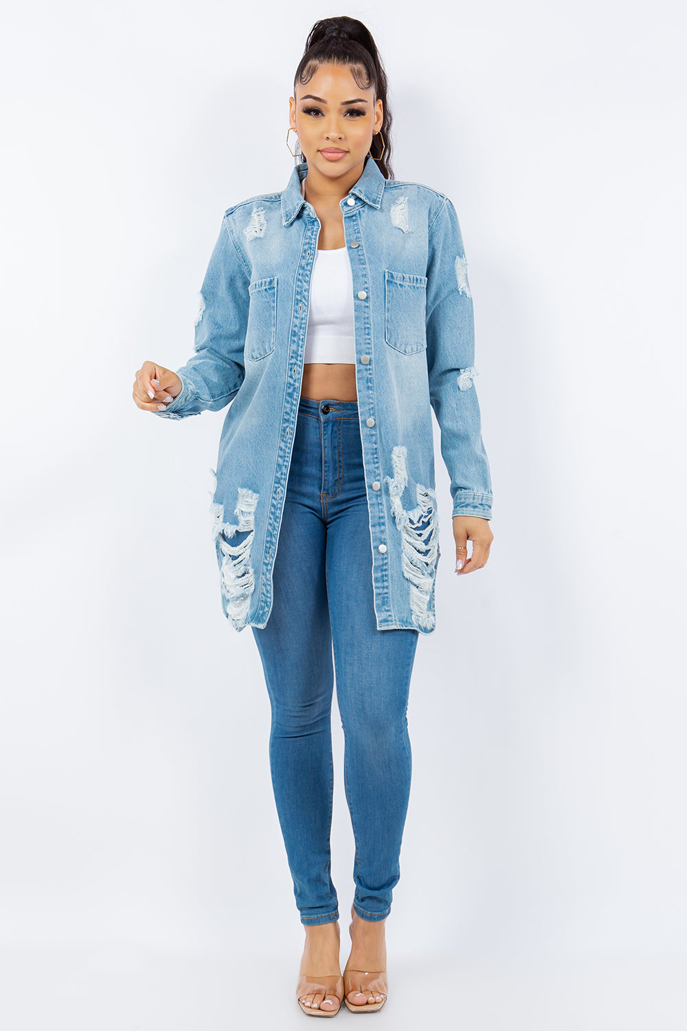 American Bazi Distressed Button Up Long Sleeve Denim Jacket  Trendsi   