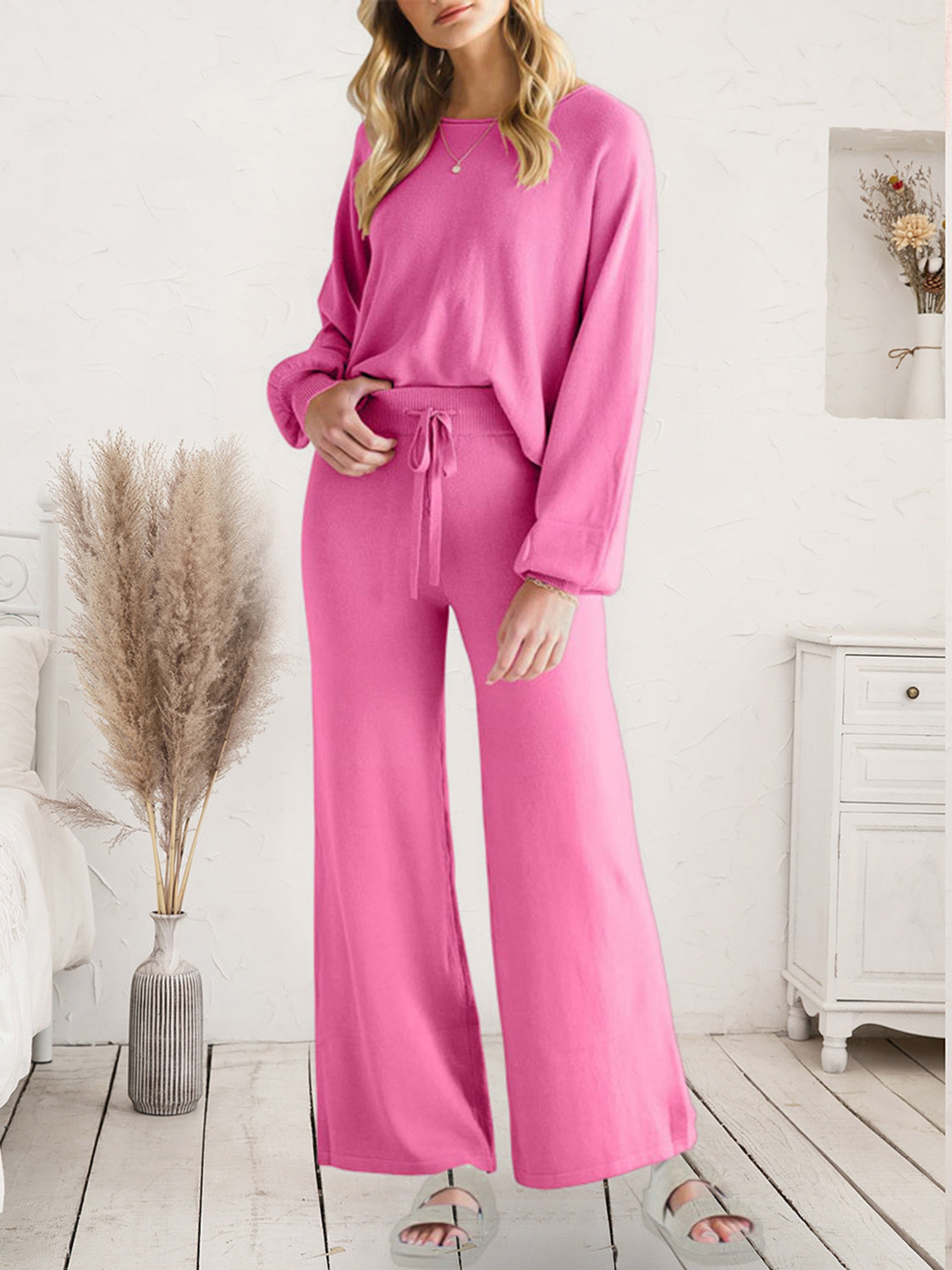 Long Sleeve Lounge Top and Drawstring Pants Set  Trendsi Pink S 