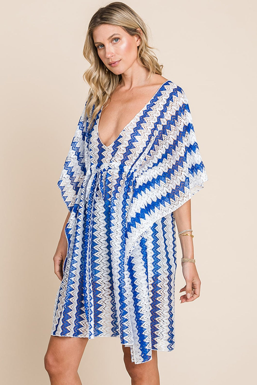 Cotton Bleu by Nu Lab Tied Striped Plunge Half Sleeve Cover-Up  Trendsi   