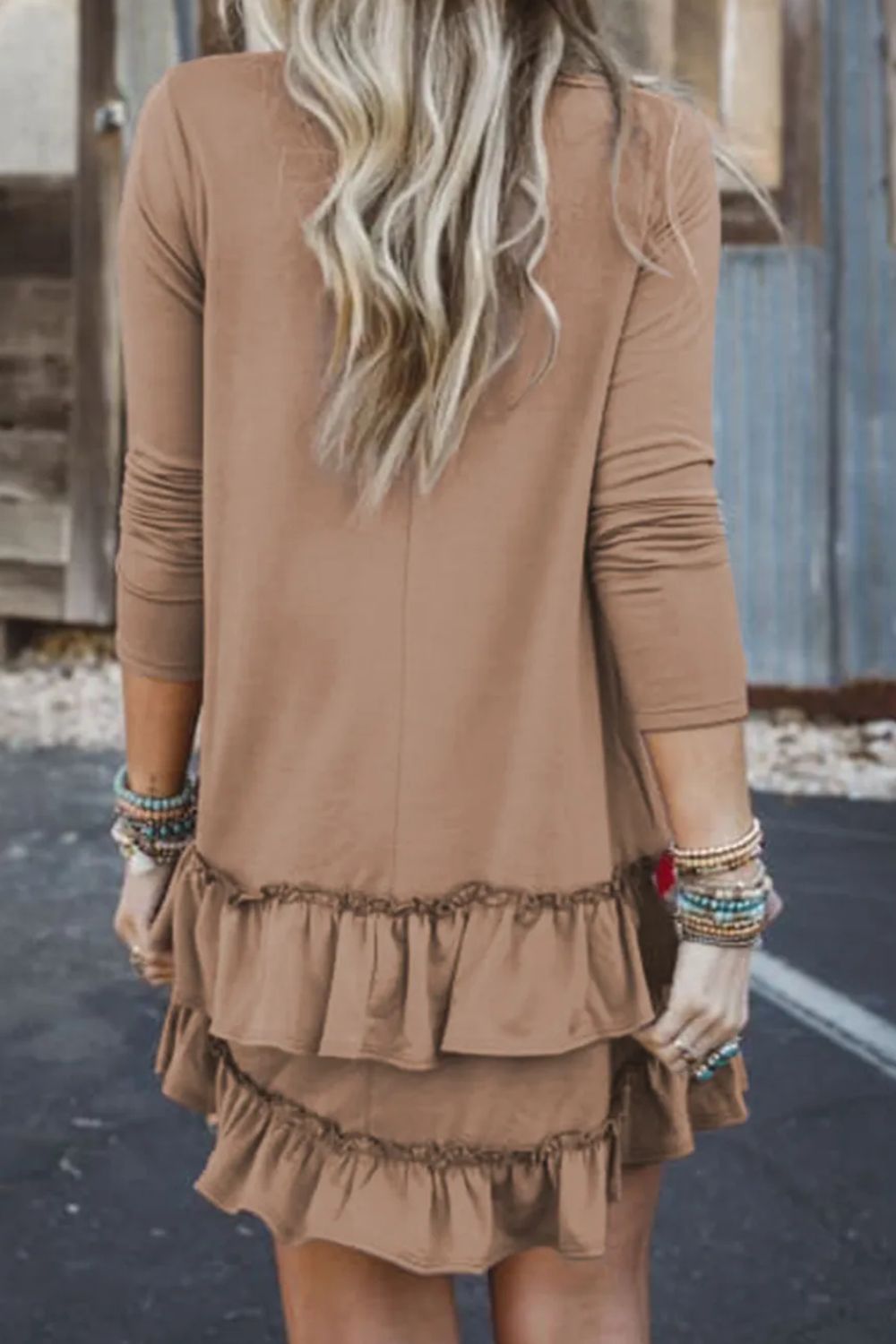 Ruffled Scoop Neck Three-Quarter Sleeve Mini Dress Dress Trendsi   