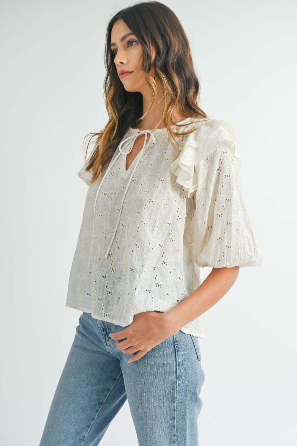 MABLE Eyelet Lace Ruffle Shoulder Puff Sleeve Blouse  Trendsi   