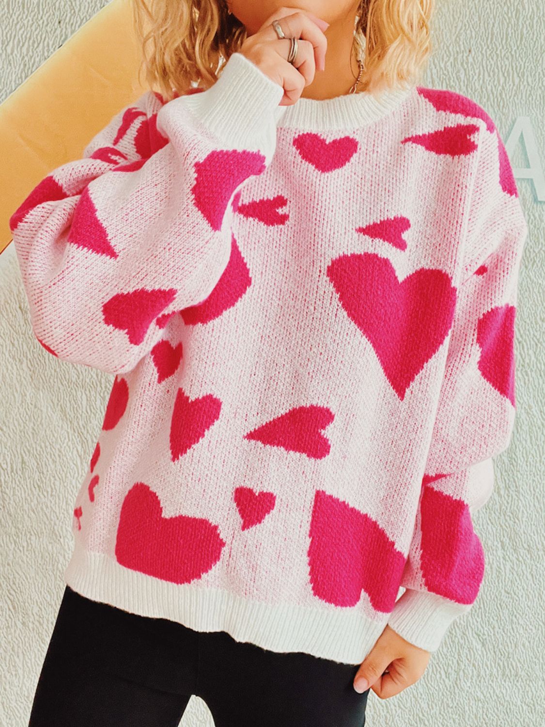 Heart Round Neck Long Sleeve Sweater  Trendsi Hot Pink S 