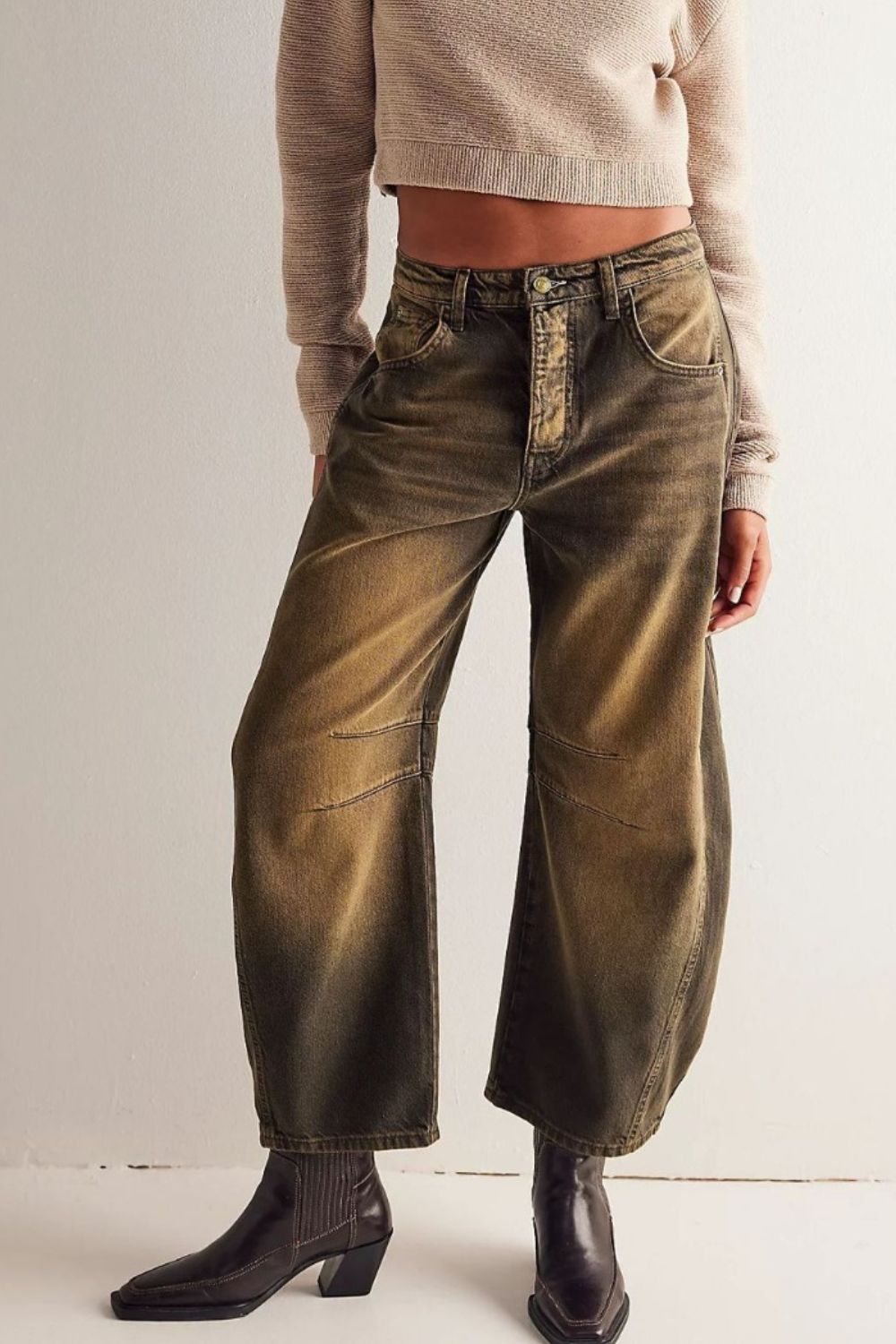 Wide Leg Jeans with Pockets  Trendsi Olive Brown S 