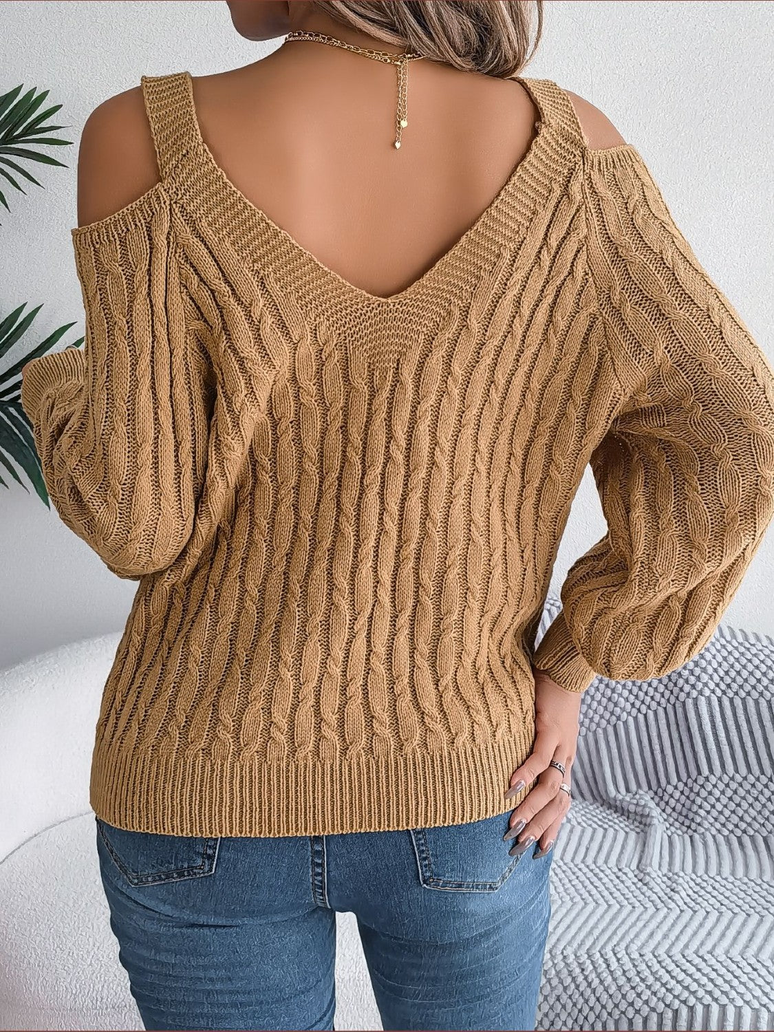 Cable-Knit Cold Shoulder Long Sleeve Sweater  Trendsi   