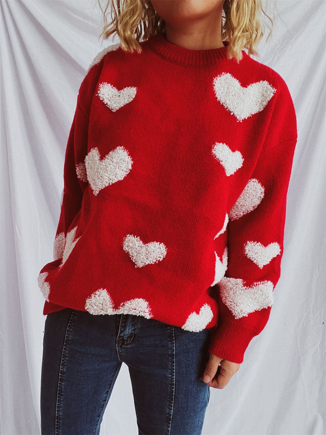 Heart Round Neck Dropped Shoulder Sweater  Trendsi   