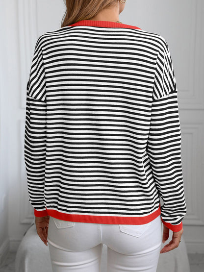 Contrast Trim Striped V-Neck Long Sleeve Knit Top