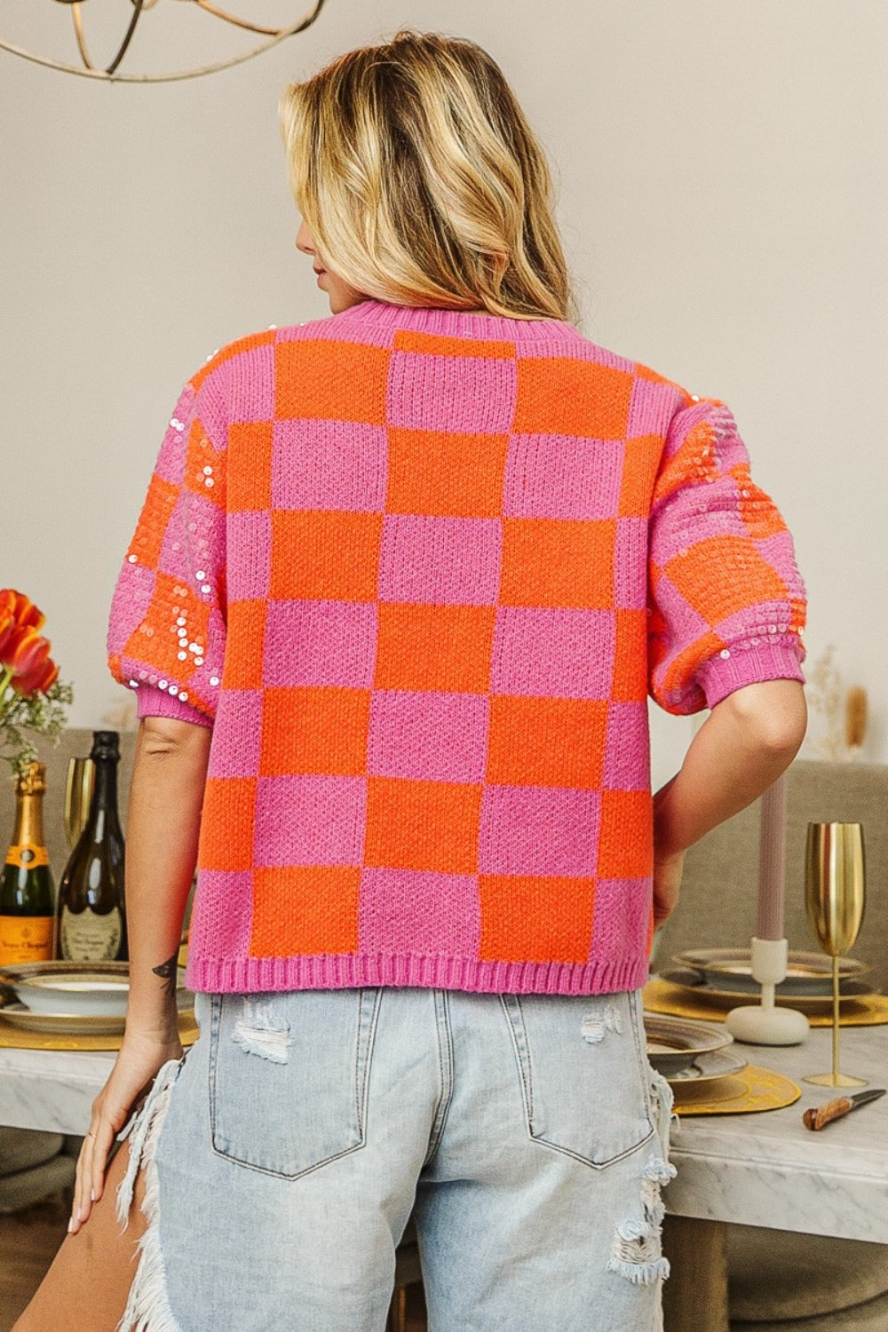 BiBi Checkered Short Sleeve Sequin Sweater  Trendsi   