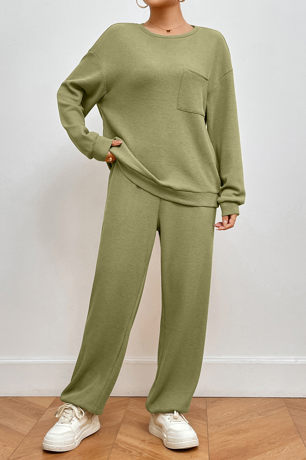 Pocketed Round Neck Top and Pants Lounge Set  Trendsi Matcha Green S 