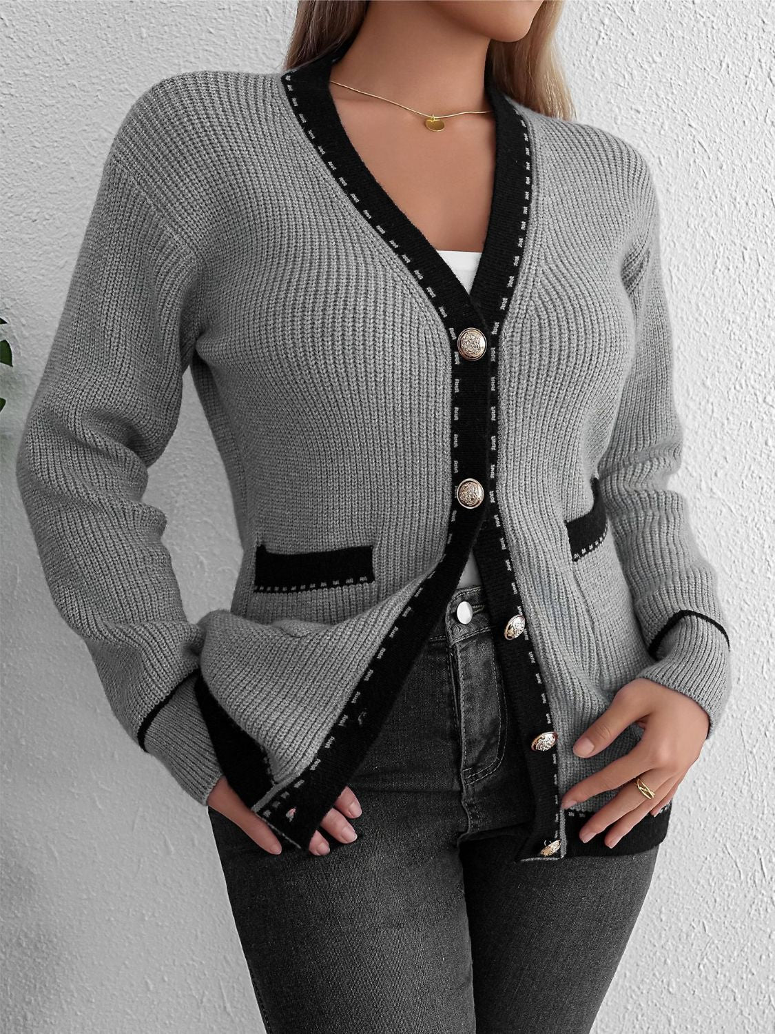 Contrast Trim Button Up Long Sleeve Cardigan  Trendsi   