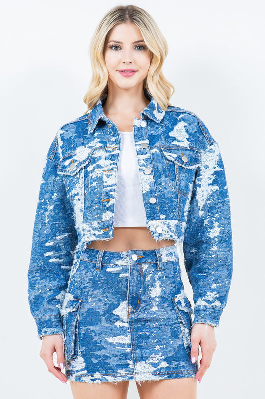 American Bazi Jacquard Trim Cropped Denim Jacket  Trendsi Blue Combo S 