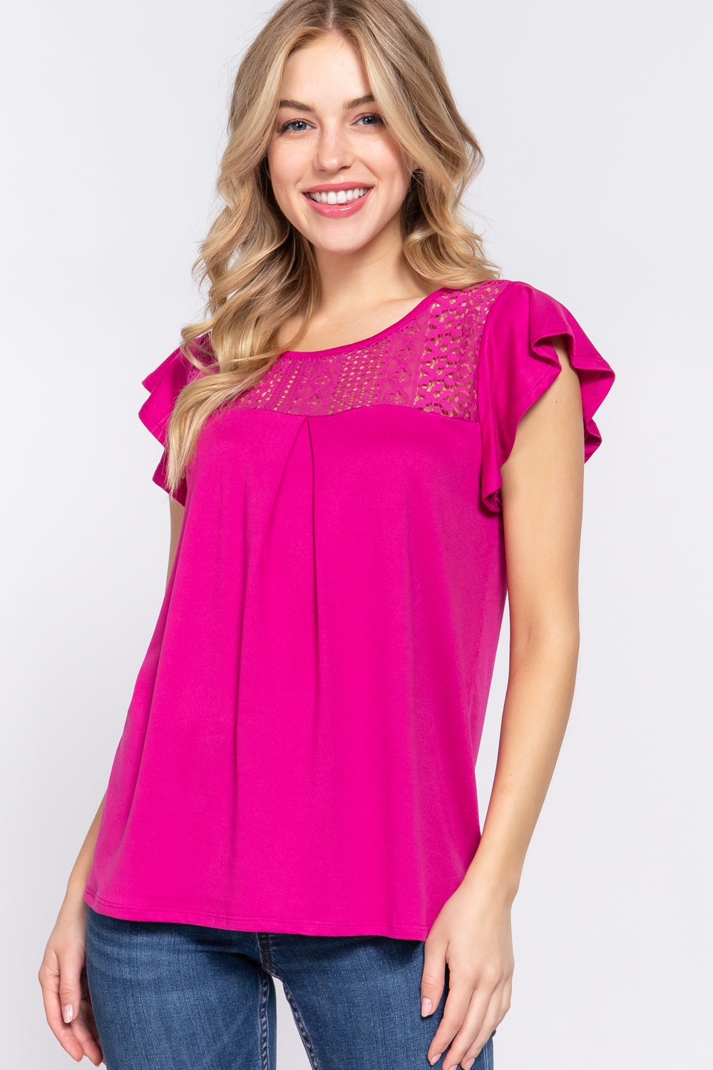 ACTIVE BASIC Ruffle Short Sleeve Lace Detail Knit Top Blouse Trendsi MAGENTA S 