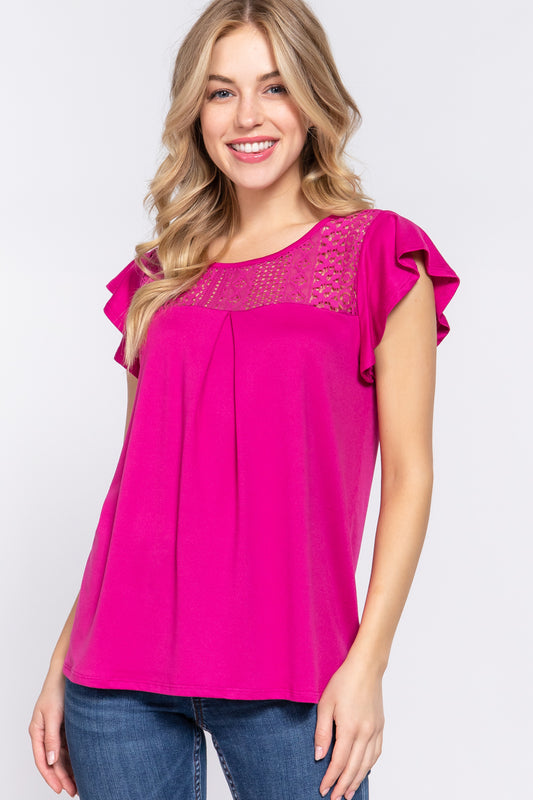 ACTIVE BASIC Ruffle Short Sleeve Lace Detail Knit Top Blouse Trendsi MAGENTA S 