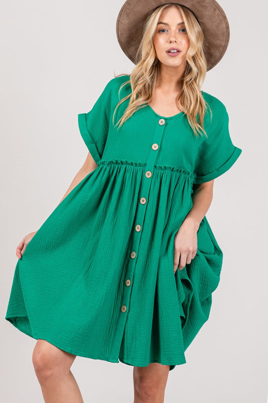 SAGE + FIG Full Size Button Up Short Sleeve Dress  Trendsi Kelly Green S 