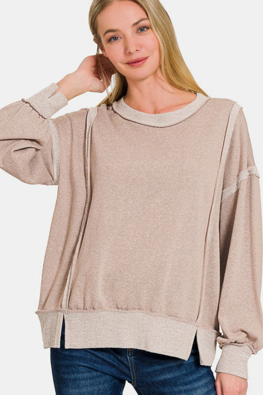 Zenana Washed Exposed-Seam Sweatshirt  Trendsi Ash Mocha S 