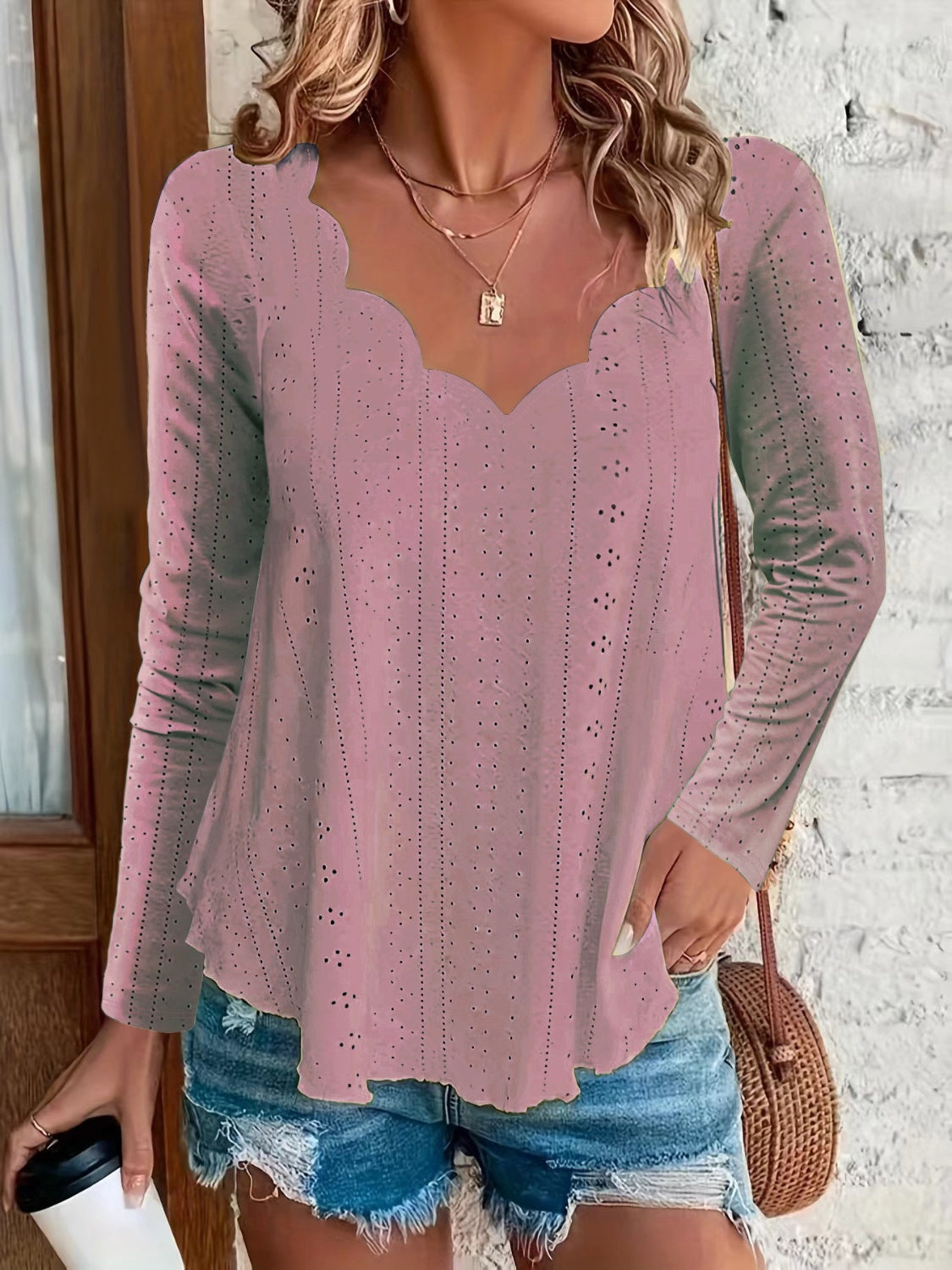 Eyelet Long Sleeve Blouse  Trendsi Dusty Pink S 